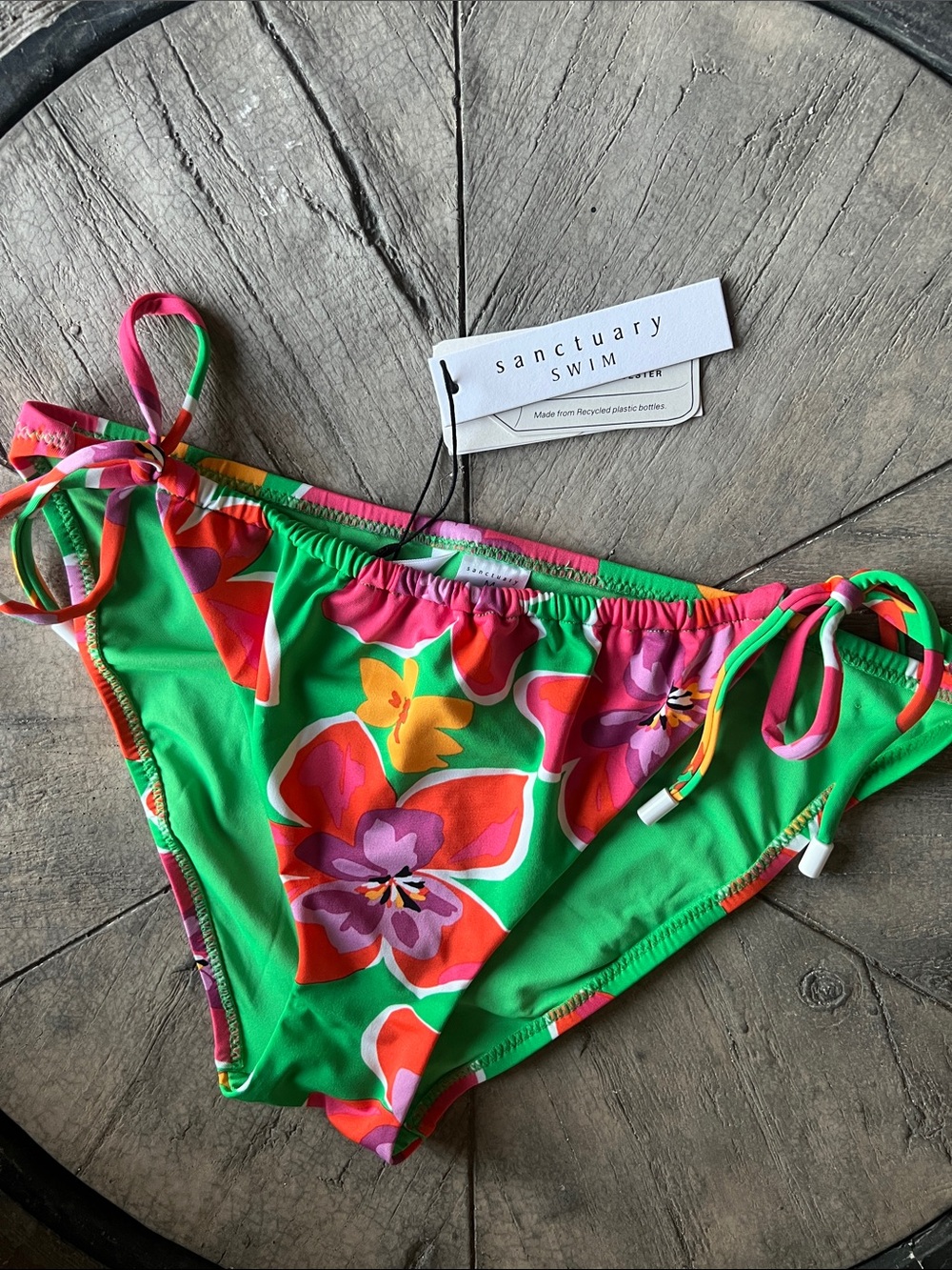 Amazing Sanctuary Green Floral Tie-Side Bikini Bottom Pink & Orange Blooms. B41